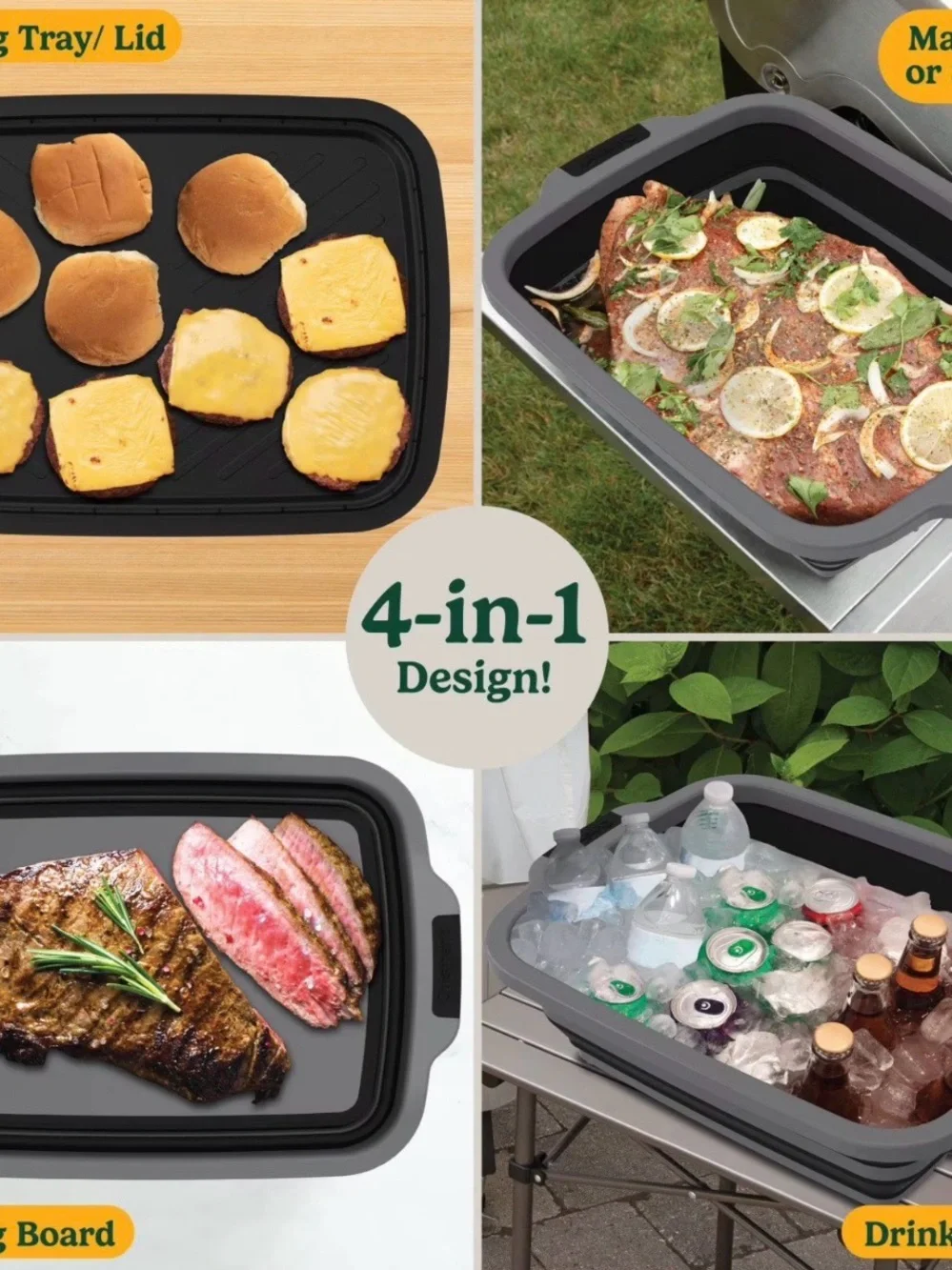 Collapsible 4-in-1 Gray Multi-Purpose Serving & Cooler Tray